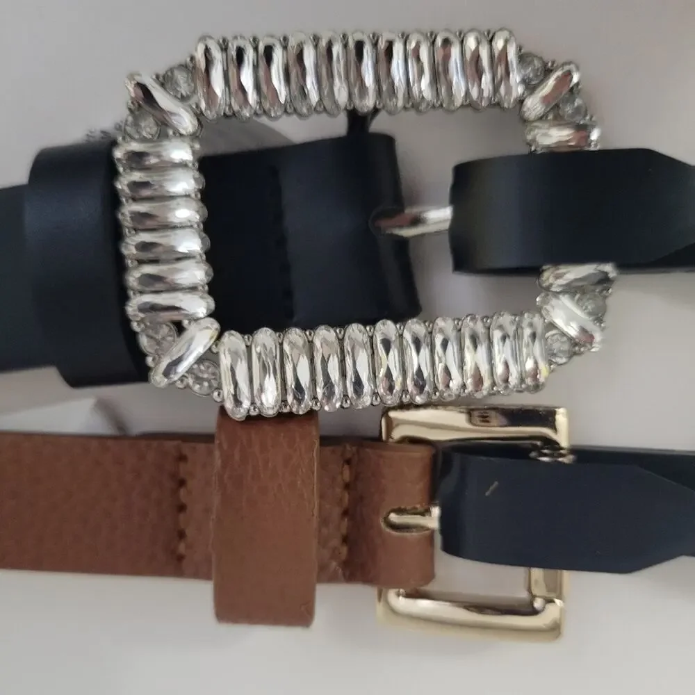 Steve Madden Womens M Bundle of 2 Western Contemporary Rhinestone Buckle Belts